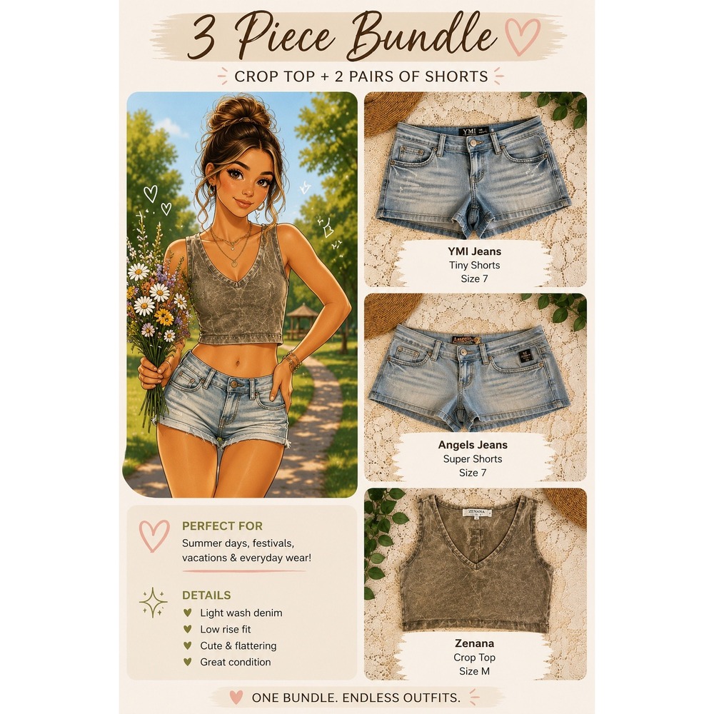 3 Pc Summer Outfit Bundle Zenana Crop Top YMI Angels Denim Shorts Size 7 M